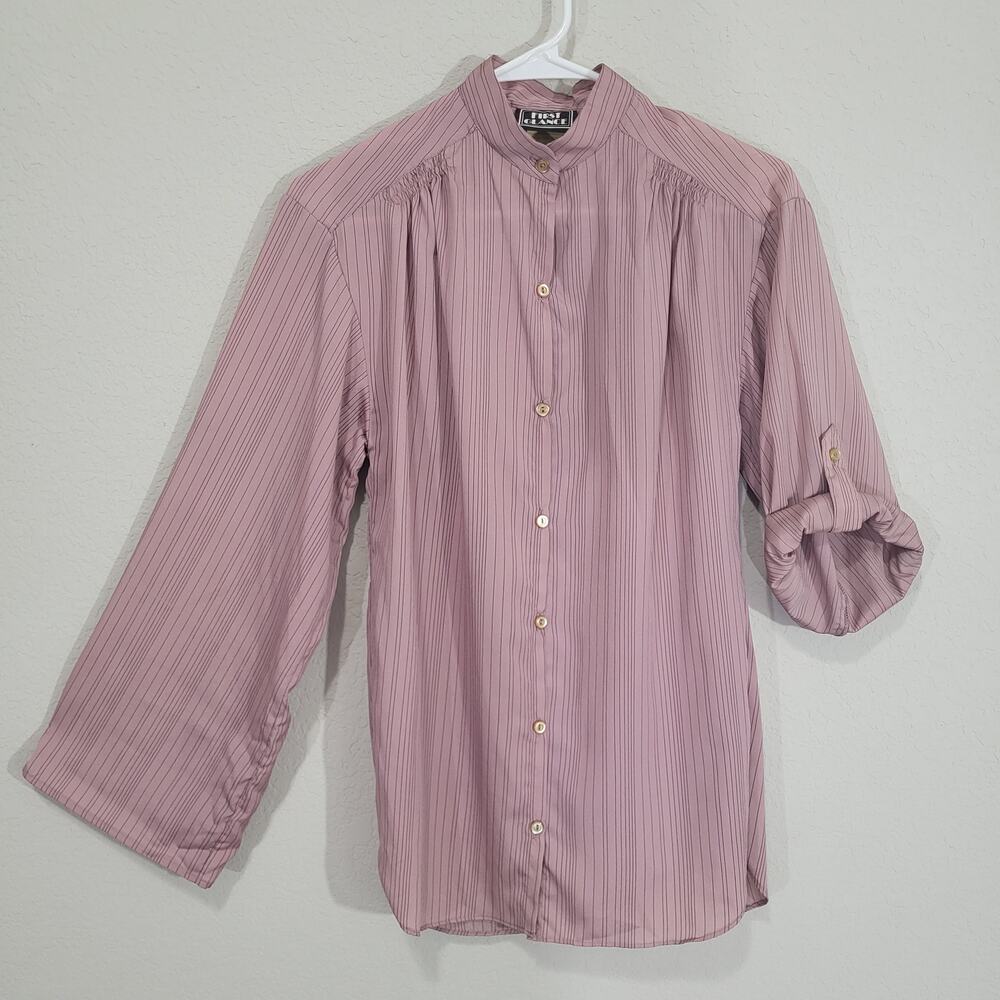 Vintage Blouse First Glance Women Small Pink Pinstripe Roll Up Sleeve  80s Retro